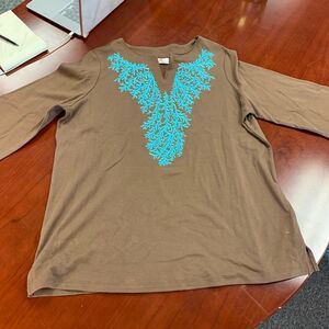Quaker Factory Brown Turquoise Embroidered Jersey Tunic sz 1X EUC